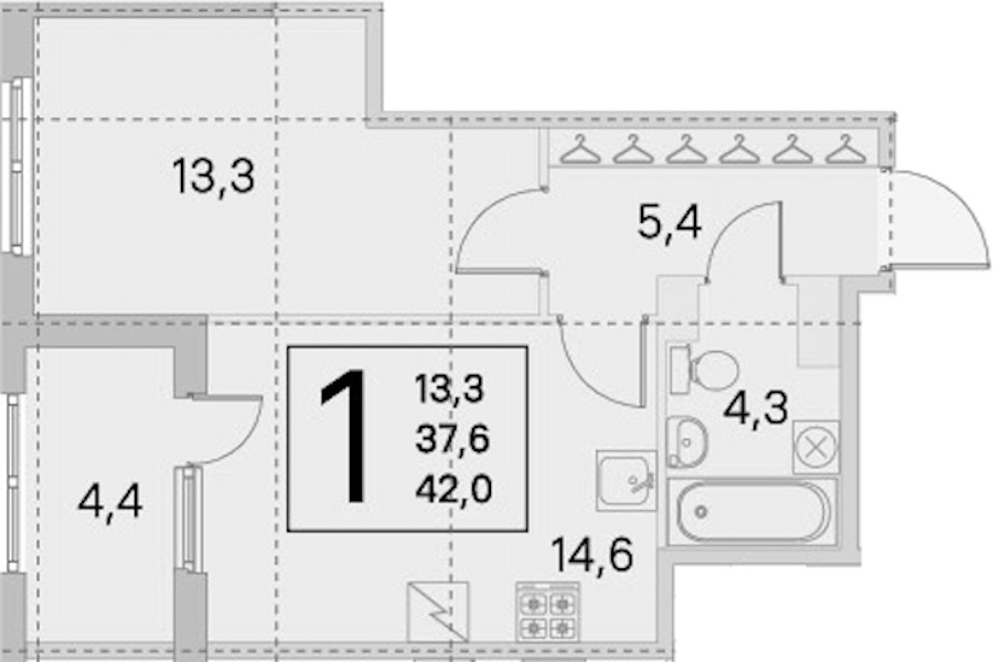 1-комнатная квартира 37.6 м², 5/5 эт., ЖК «ЮгТаун. Олимпийские кварталы»